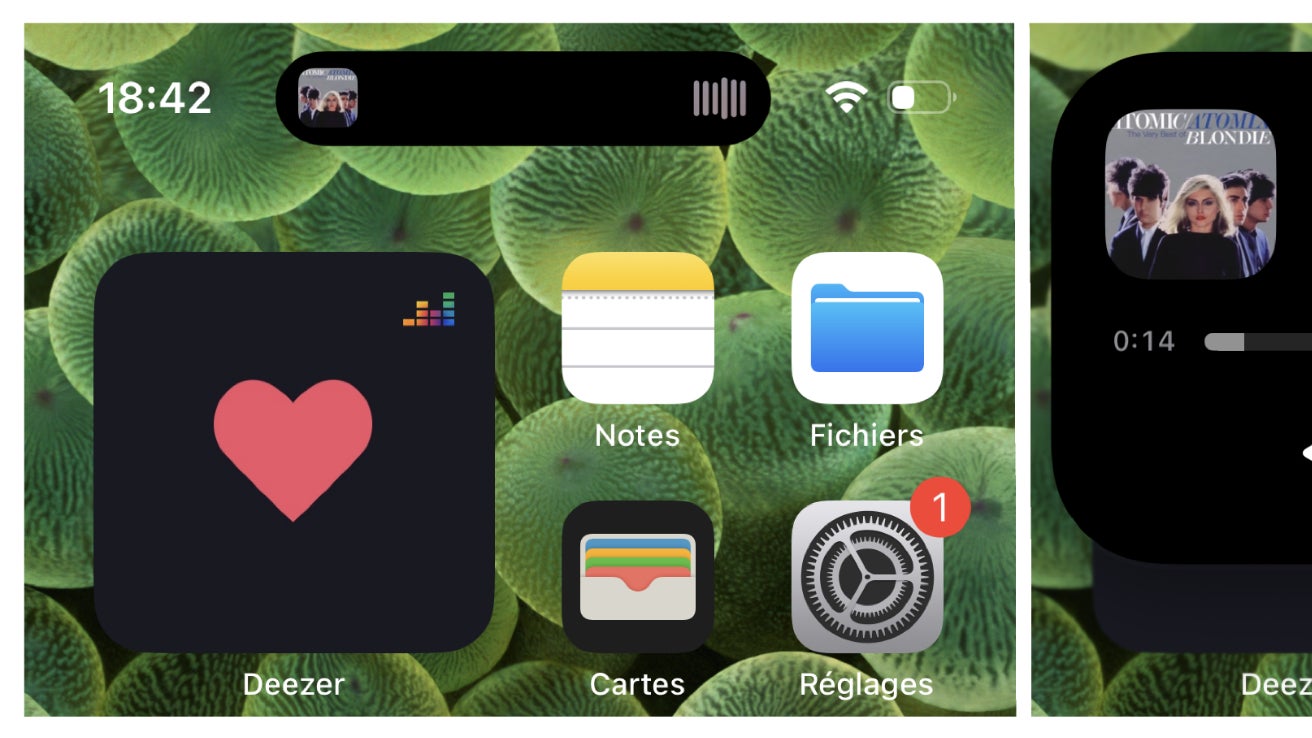 Dans son format réduit, Dynamic Island donne un aperçu de ce qui est à l'écoute (à gauche). Il suffit d'appuyer dessus pour contrôler la musique en un geste (à droite).