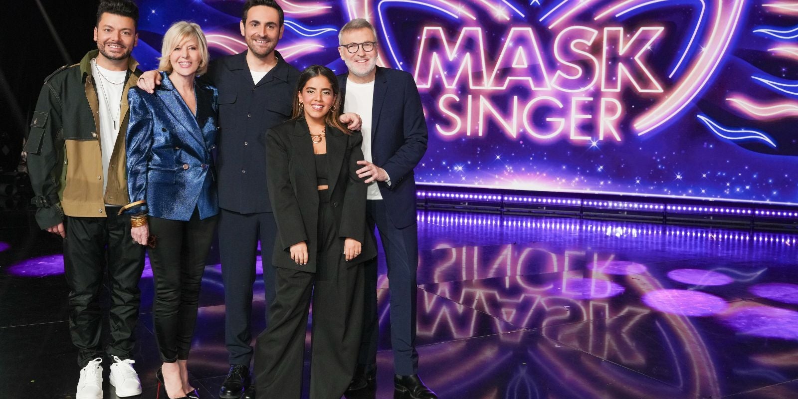 Kev Adams, Chantal Ladsou, Camille Combal, Ines Reg et Laurent Ruquier pour la saison 6 de "Mask Singer". 