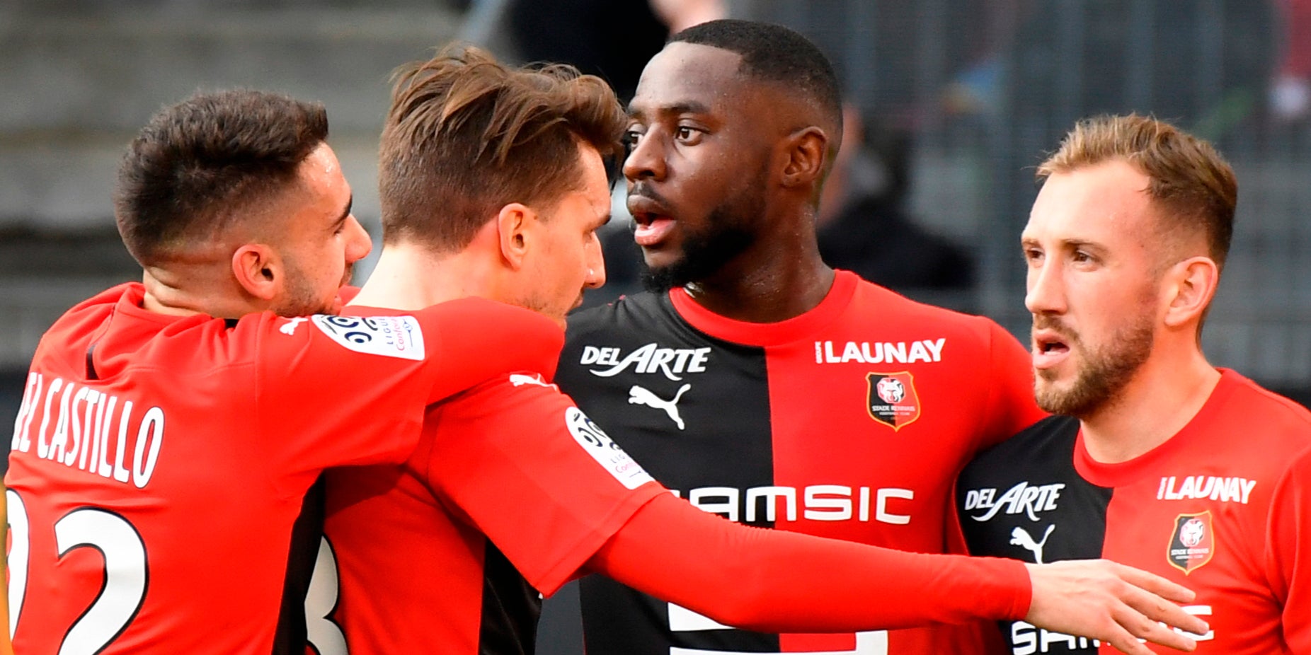 Les joueurs du Stade Rennais lors du match de Ligue 1 contre Montpellier, le 8 mars 2020, au Roahzon Park, Rennes.