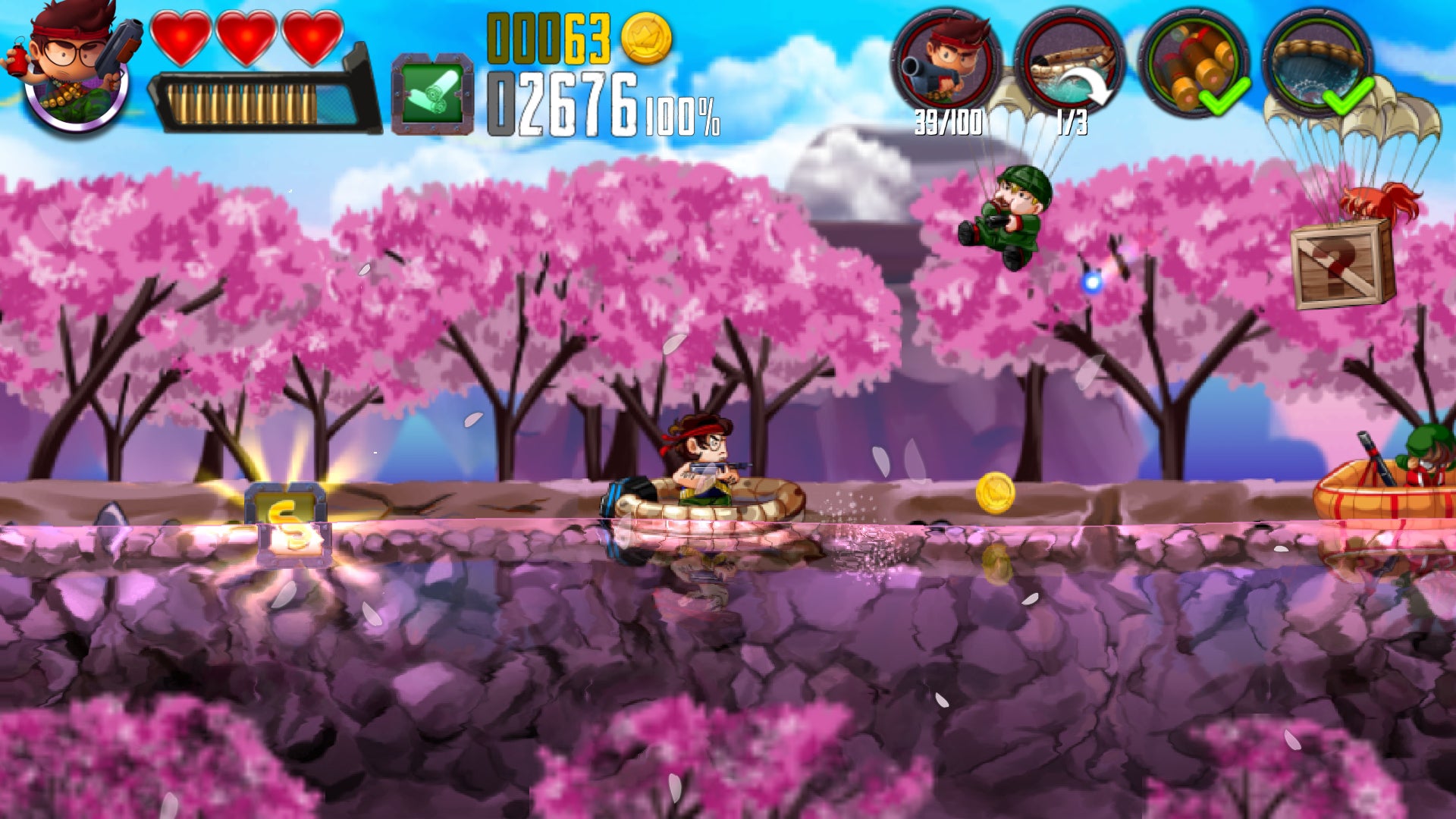 Traversez des rivières bordées de cerisiers en fleur dans Ramboat.
