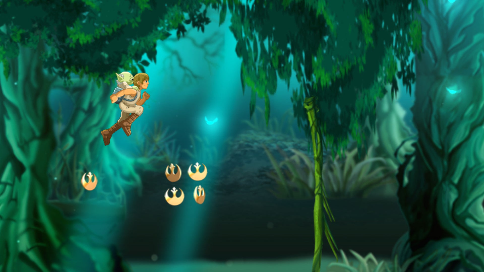 Incarnez Luke Skywalker et accompagnez Yoda jusqu'à la fin du niveau !