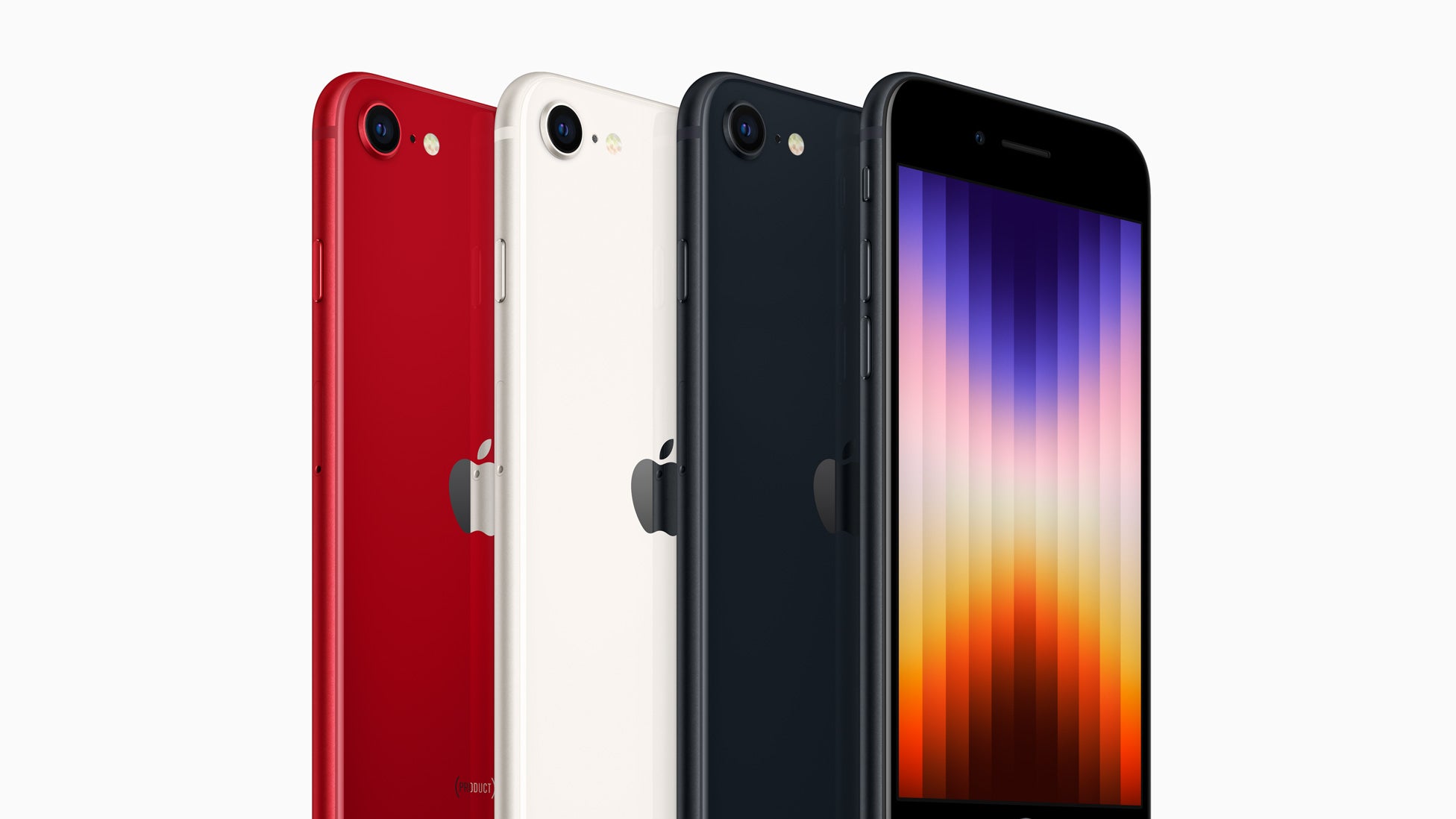 L'iPhone SE, 3e génération, sera proposé dans trois coloris : Minuit, Lumière Stellaire, et PRODUCt(RED).
