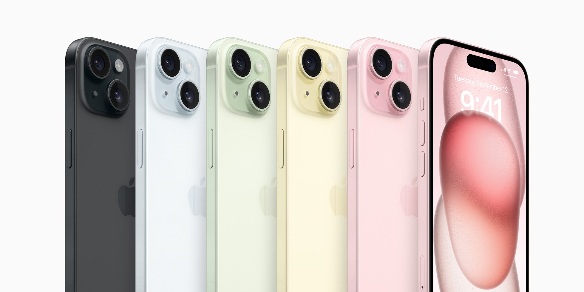 L'iPhone 15 et l'iPhone 15 Plus héritent de Dynamic Island et sont déclinés en cinq coloris : noir, bleu, vert, jaune et rose.