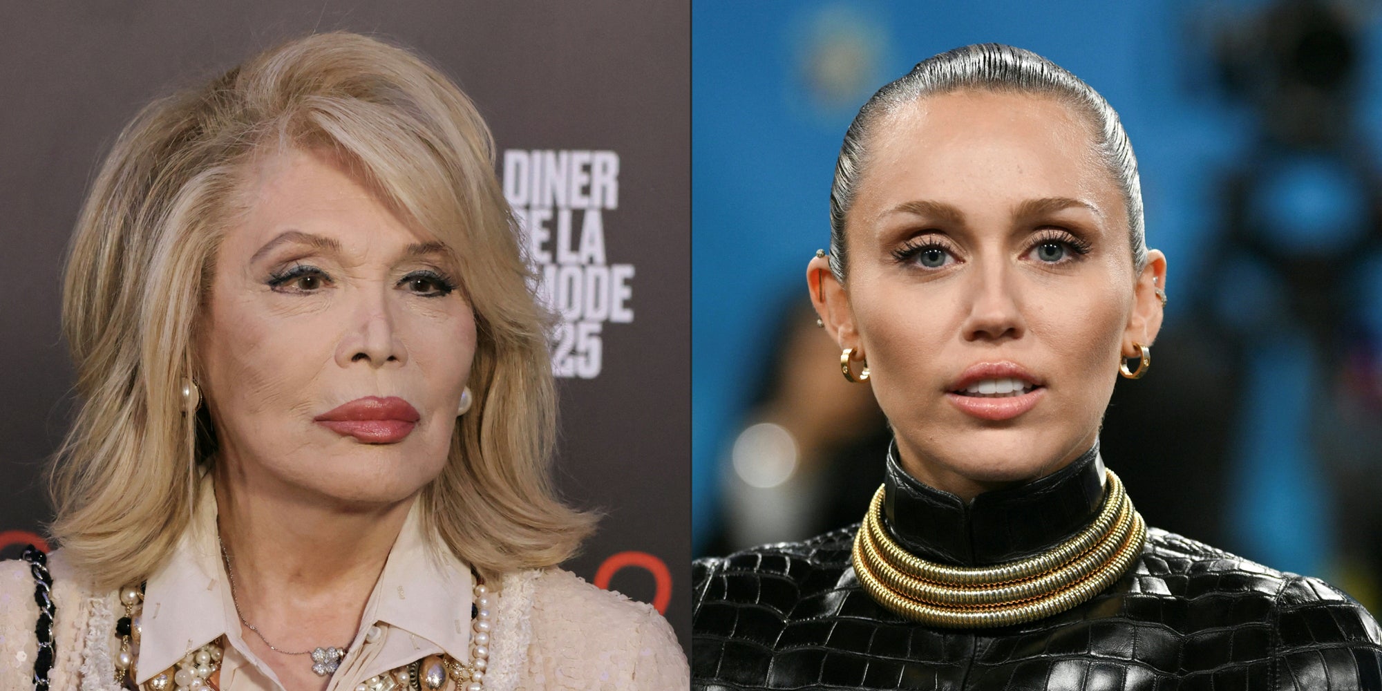 Amanda Lear (G) au 22e Dîner de la mode contre le sida, le 30 janvier 2025 à Paris, et Miley Cyrus (D) au Met Gala, le 5 mai 2025 à New York.