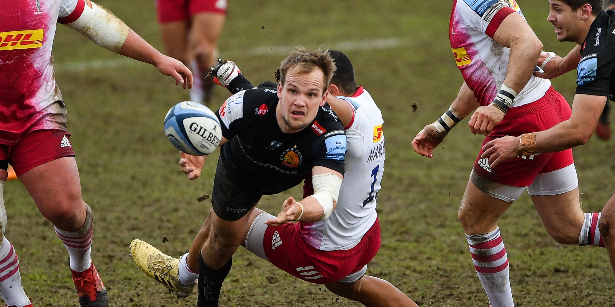 Townsend plaqué par Marchant durant le match de Premiership Exeter Chiefs - Harlequins, le 13 mars 2021 à Exeter, Angleterre