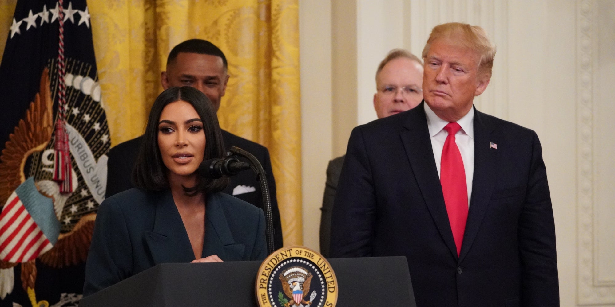 Kim Kardashian à la Maison-Blanche en compagnie de Donald Trump le 13 juin 2019.
