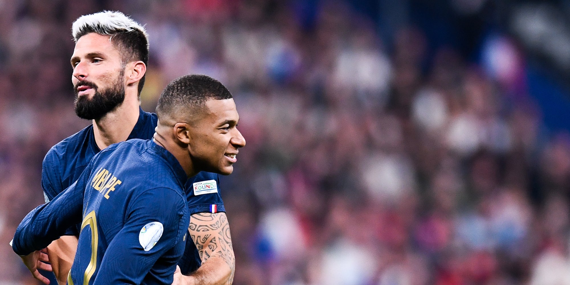 Olivier Giroud et Kylian Mbappé lors du match de Ligue des Nations France - Autriche, à Paris, le 22 septembre 2022.