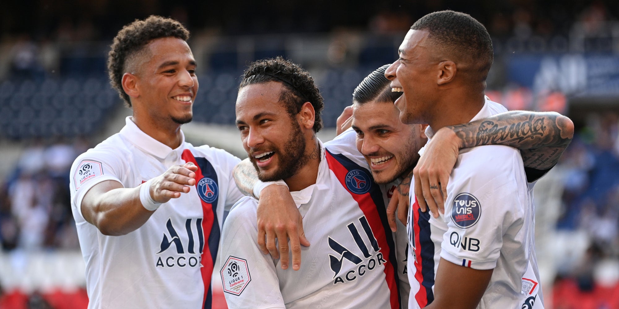 Thilo Kehrer, Neymar, Mauro Icardi et Kylian Mbappé lors du match amical PSG - Waasland-Beveren au Parc des Princes, à Paris, le 17 juin 2020.