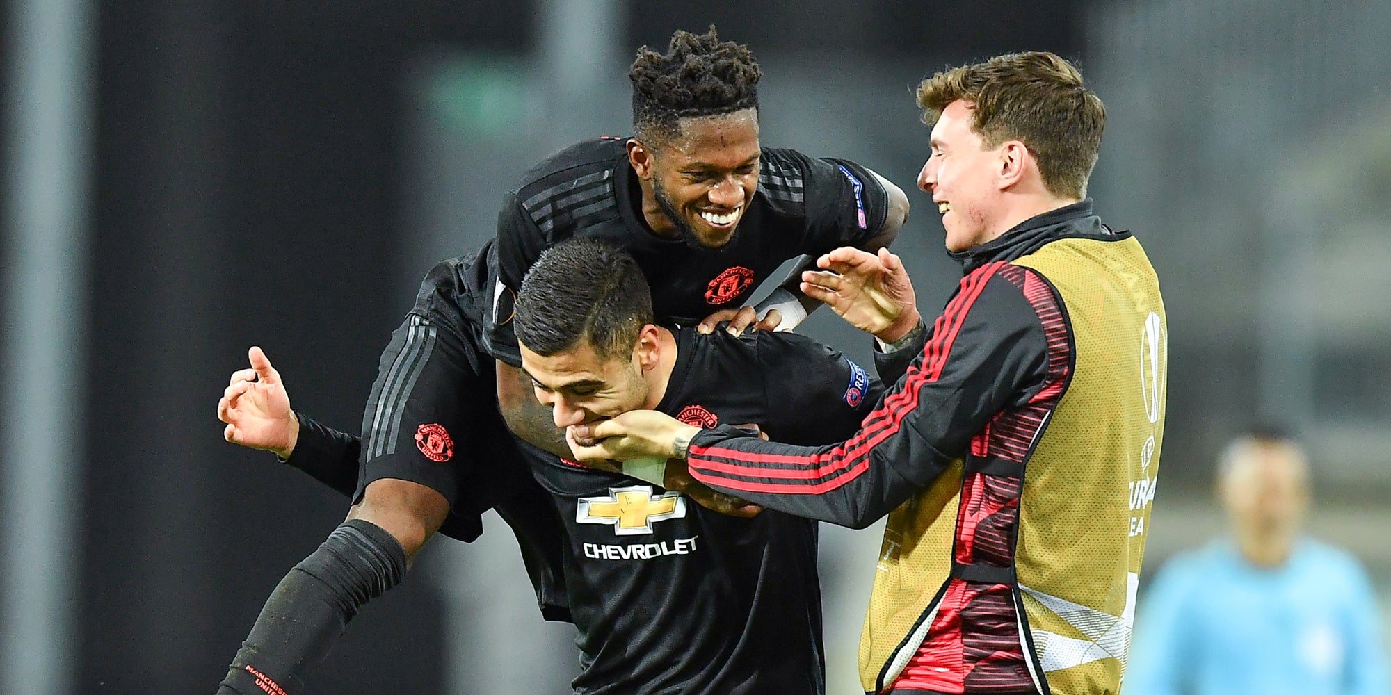 Les joueurs de Manchester United à la fête lors de leur victoire 5-0 sur la pelouse de LASK, en Autriche, le 12 mars 2020 à Linz