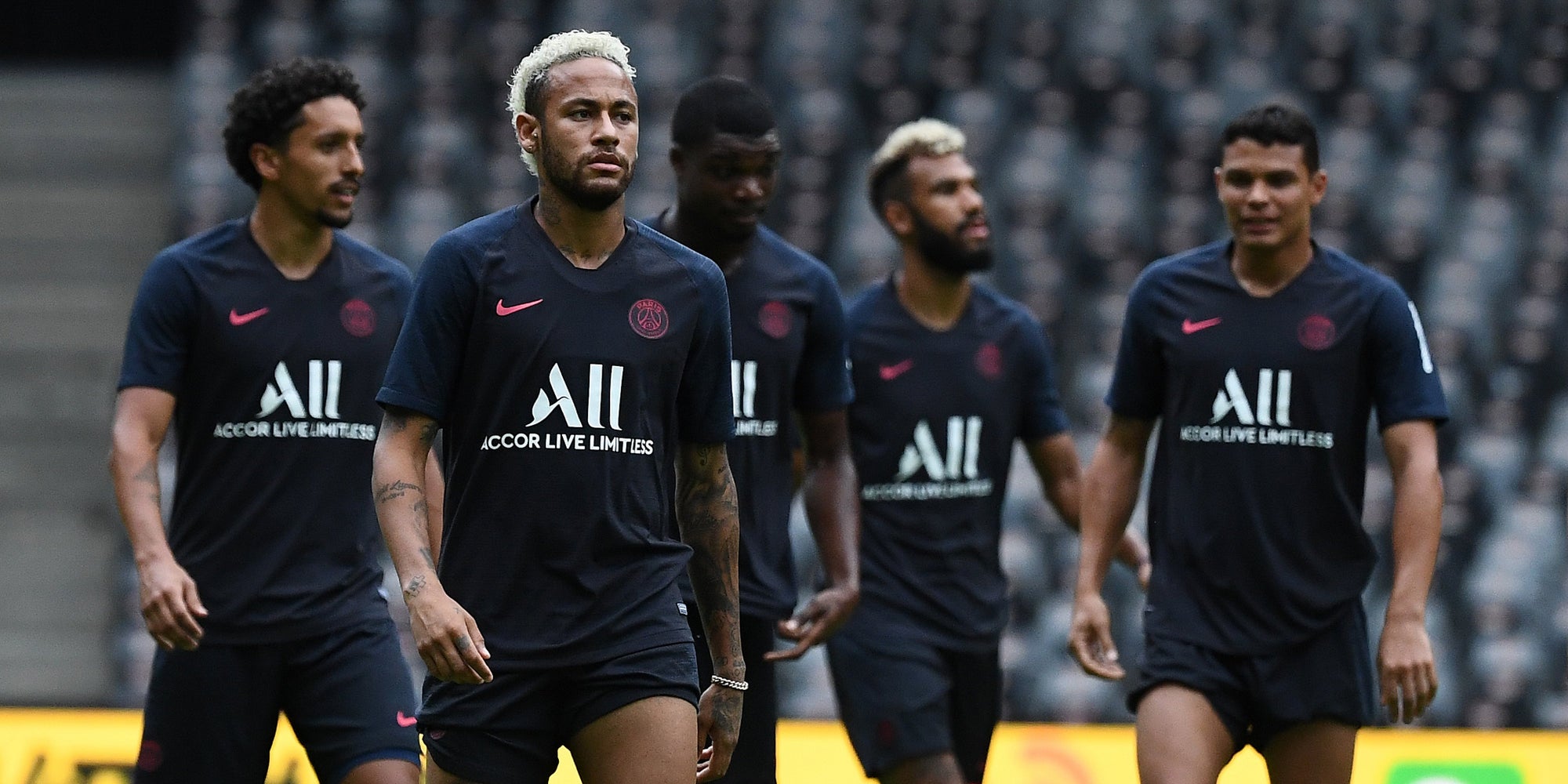 Neymar à l'entraînement à Shenzen, avant le Trophée des Champions, aux côtés de ses coéquipiers du Paris Saint-Germain, le 2 août 2019.