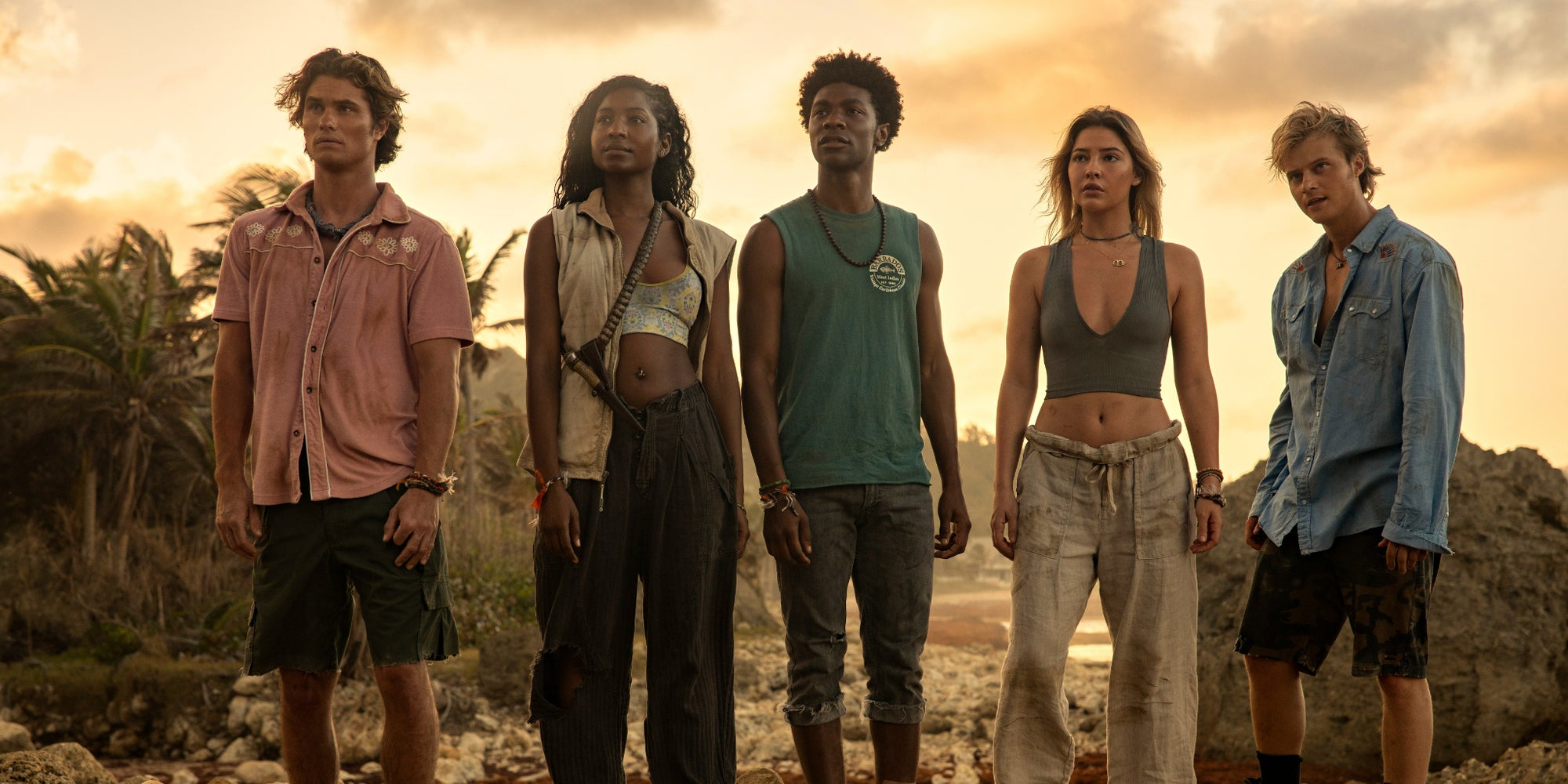 John B (Chase Stokes), Cleo (Carlacia Grant), Pope (Jonathan Daviss), Sarah Cameron (Madelyn Cline), JJ (Rudy Pankow) dans l'épisode 2 de la saison 3 d'Outer Banks