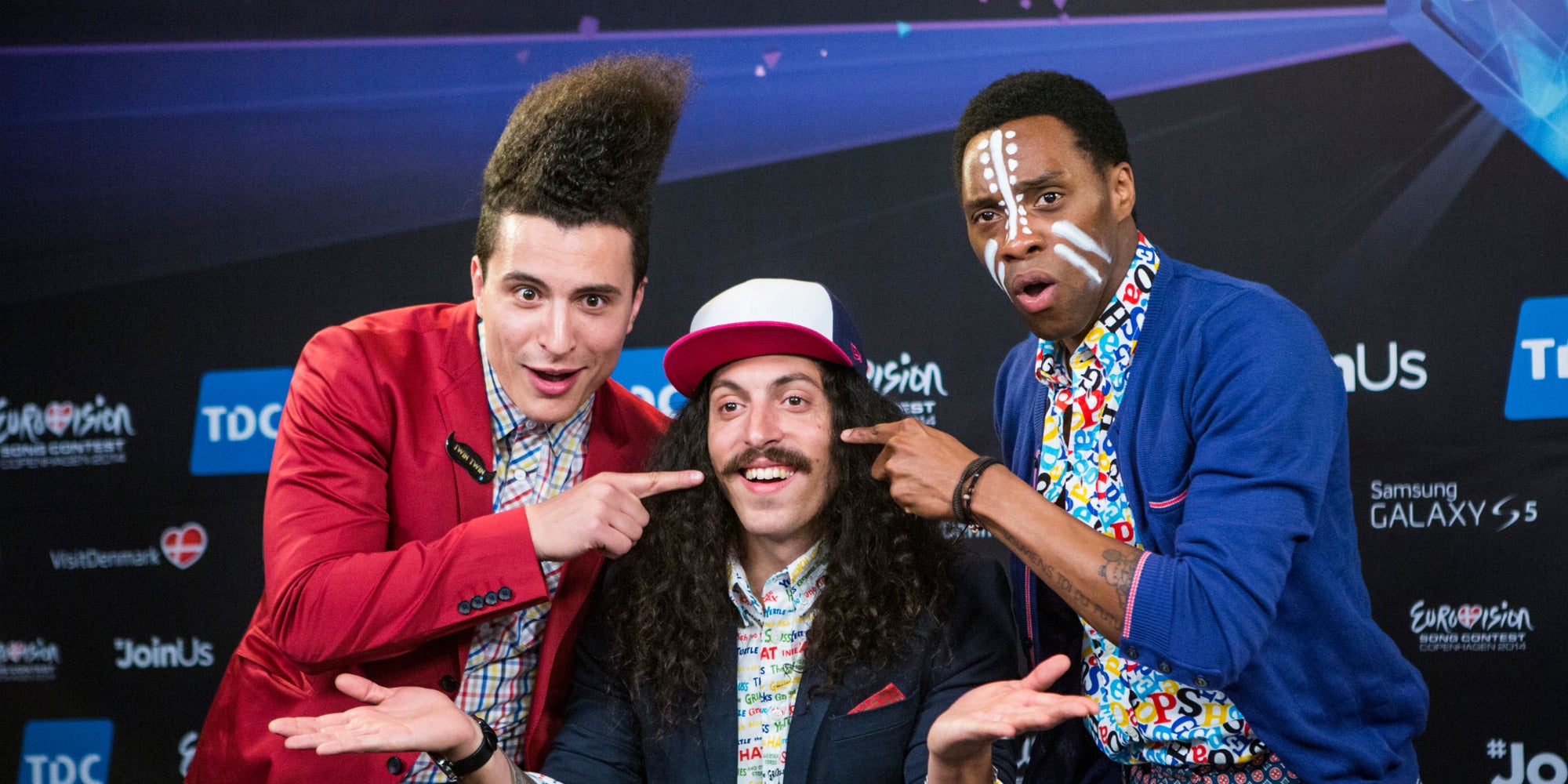 Les membres du groupe Twin Twin, représentant pour la France ua concours de l'Eurovision en 2014 avec leur chanson "Moustache".