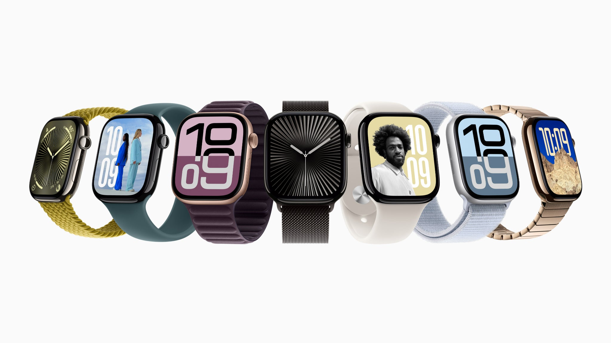 La nouvelle Apple Watch Series 10, proposée dans divers coloris et finitions.