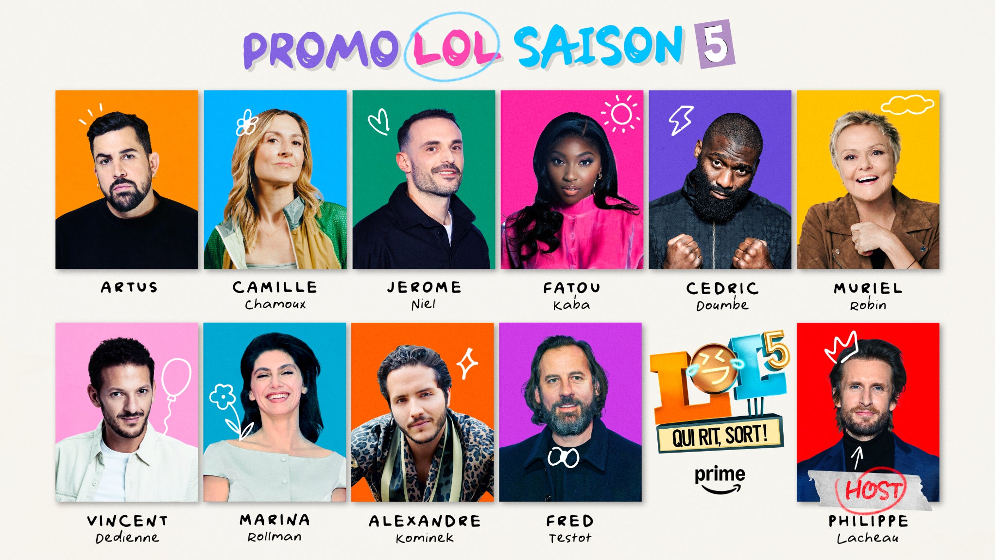 Le casting de la saison 5 de LOL : qui rit, sort ! sur Prime Video.