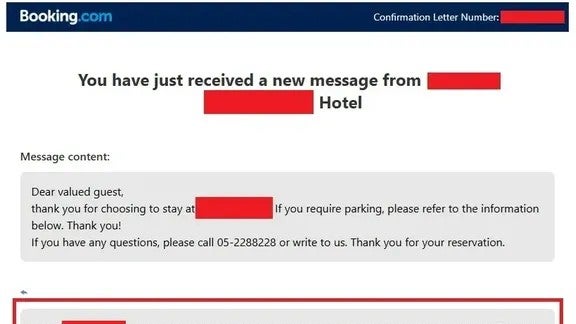 Exemple de fraude dans la messagerie interne de Booking