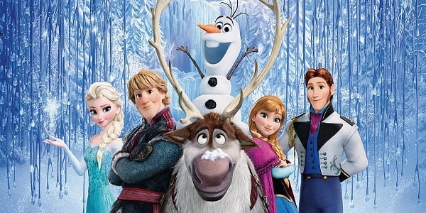 Kristoff, Elsa, Olaf, Sven, Anna et Hans dans le film d'animation "La Reine des Neiges". 