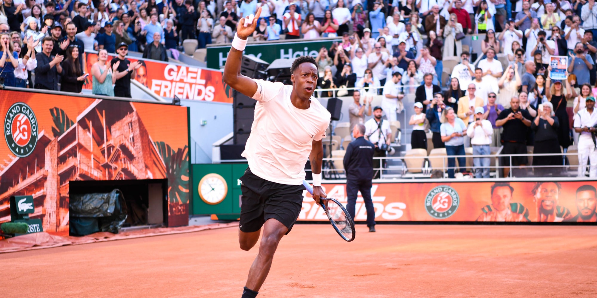 Gaël Monfils lors de sa soirée-hommage "Gaël & Friends", le 21 mai 2026 sur le court Philippe-Chatrier de Roland-Garros (Paris).
