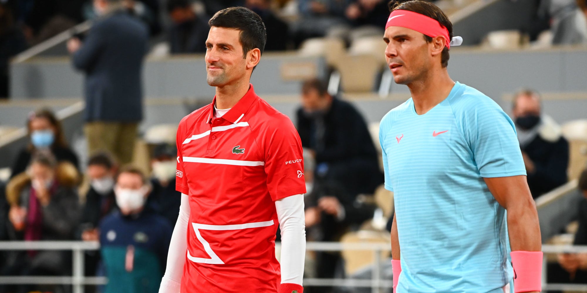 Novak Djokovic et Rafael Nadal avant la finale de l'édition 2020 de Roland-Garros, le 11 octobre 2020 à Paris. 