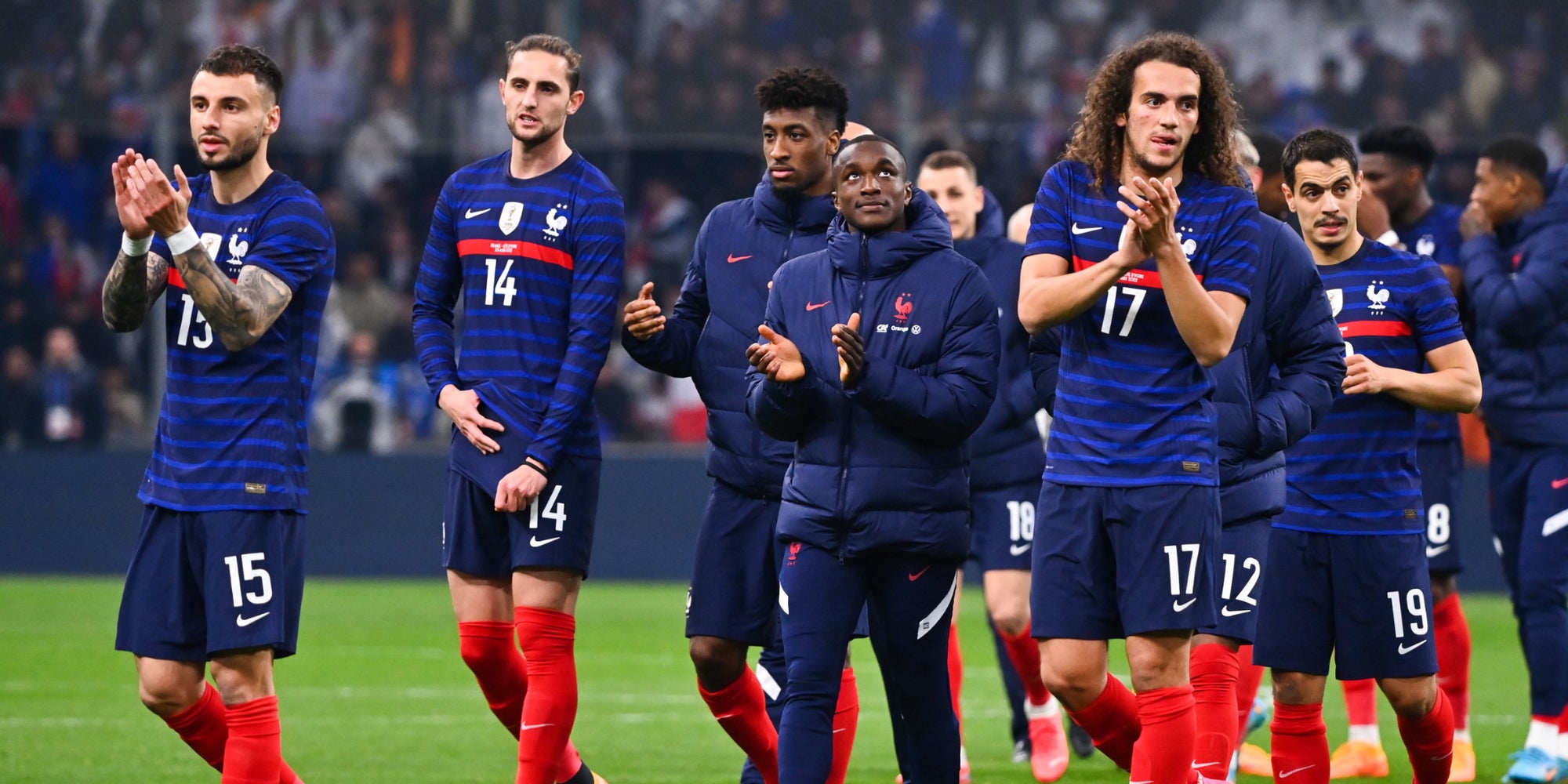 L'équipe de France de football après le match amical contre la Côte d'Ivoire, le 25 mars 2022 au stade Vélodrome de Marseille