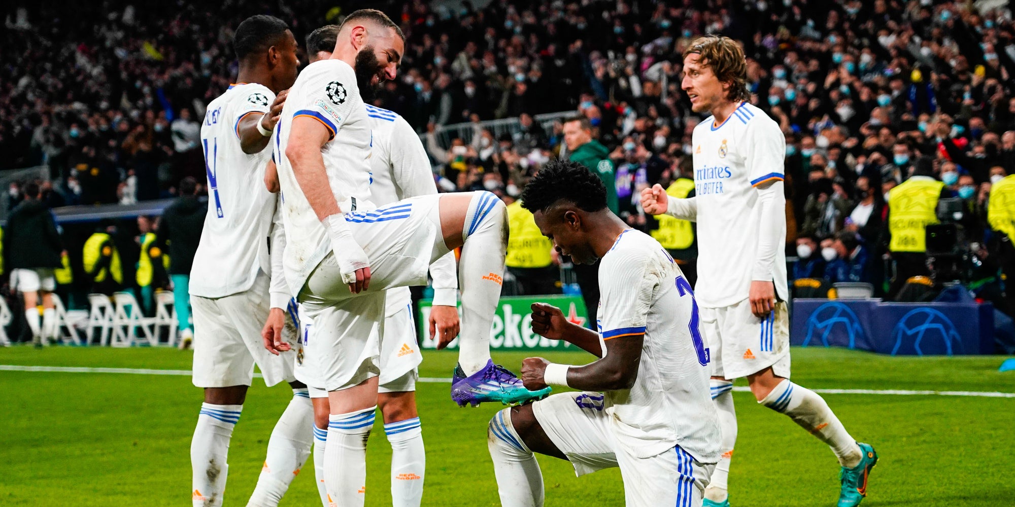 Les joueurs du Real Madrid lors de leur victoire en Ligue des Champions contre le PSG, le 23 mars 2022 au stade Santiago Bernabeu, Madrid