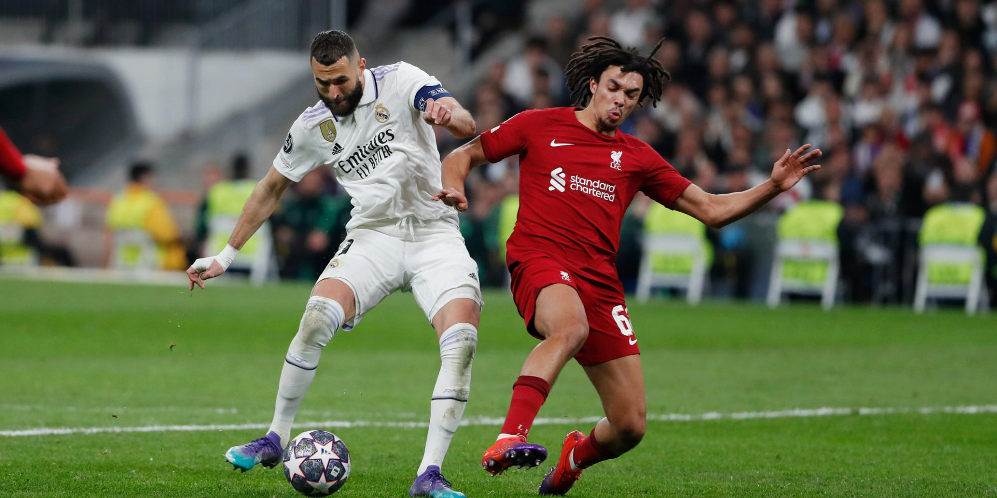 Karim Benzema (Real Madrid) et Trent Alexander-Arnold (Liverpool) lors du 8e de finale retour de LDC le 15 mars dernier 
