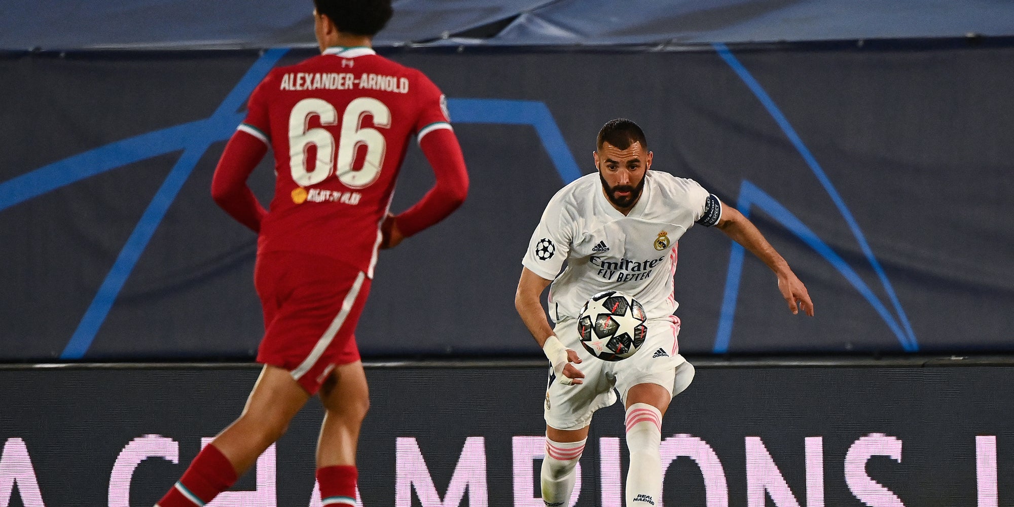Karim Benzema lors des quarts de finale de Ligue des Champions entre le Real Madrid et Liverpool, au stade Alfredo di Stefano à Valdebebas, le 6 avril 2021.
