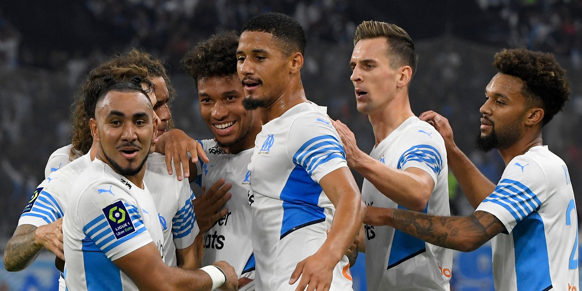 Les joueurs de l'OM contre Lorient en Ligue 1, le 17 octobre 2021 au stade Vélodrome, Marseille