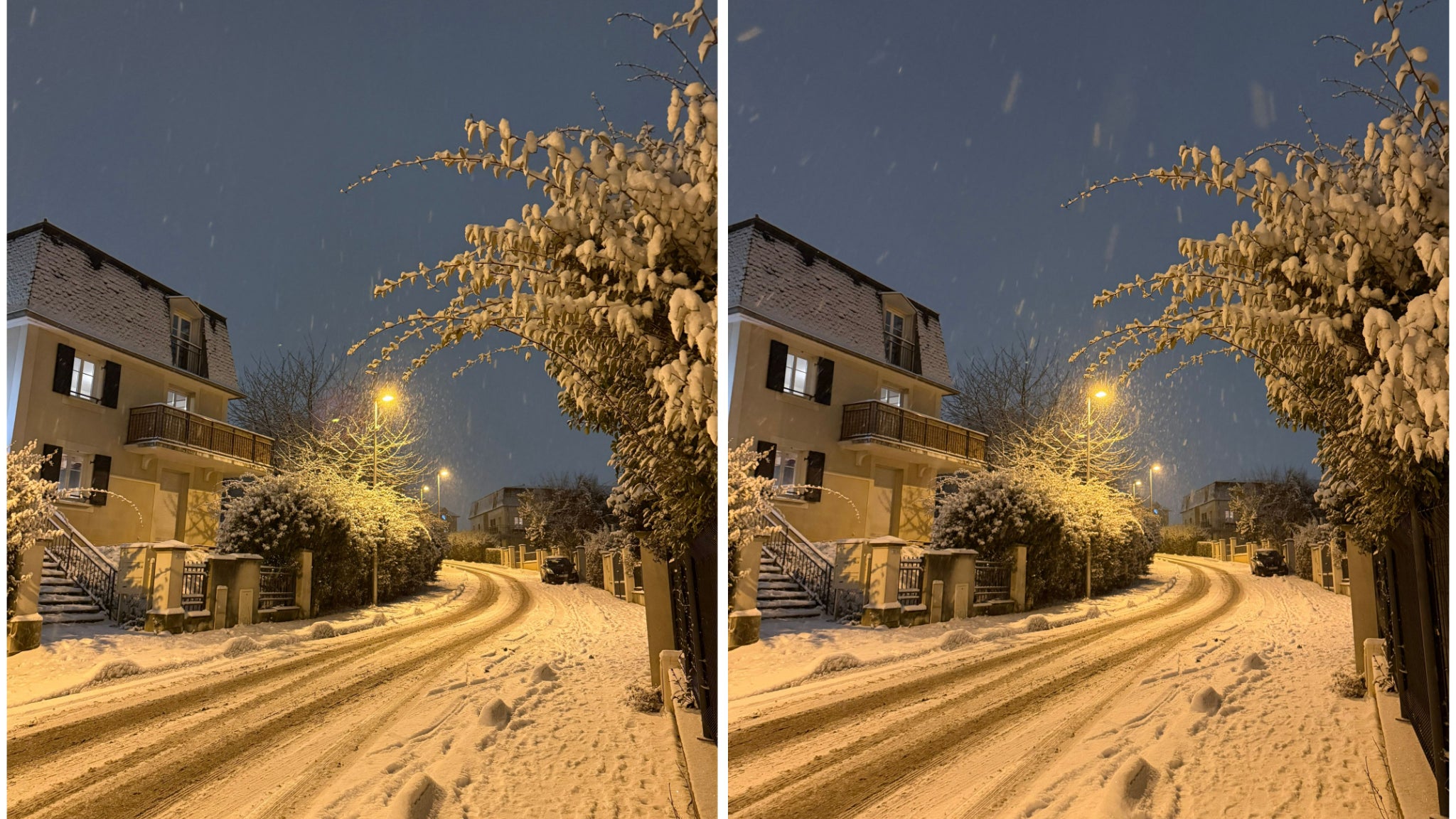 Sans Mode Nuit, lorsque les conditions de luminosité le permettent - ici avec l’éclairage public – les deux modèles offrent d’aussi beaux clichés (iPhone 16 Pro à gauche et iPhone 17 Pro à droite).