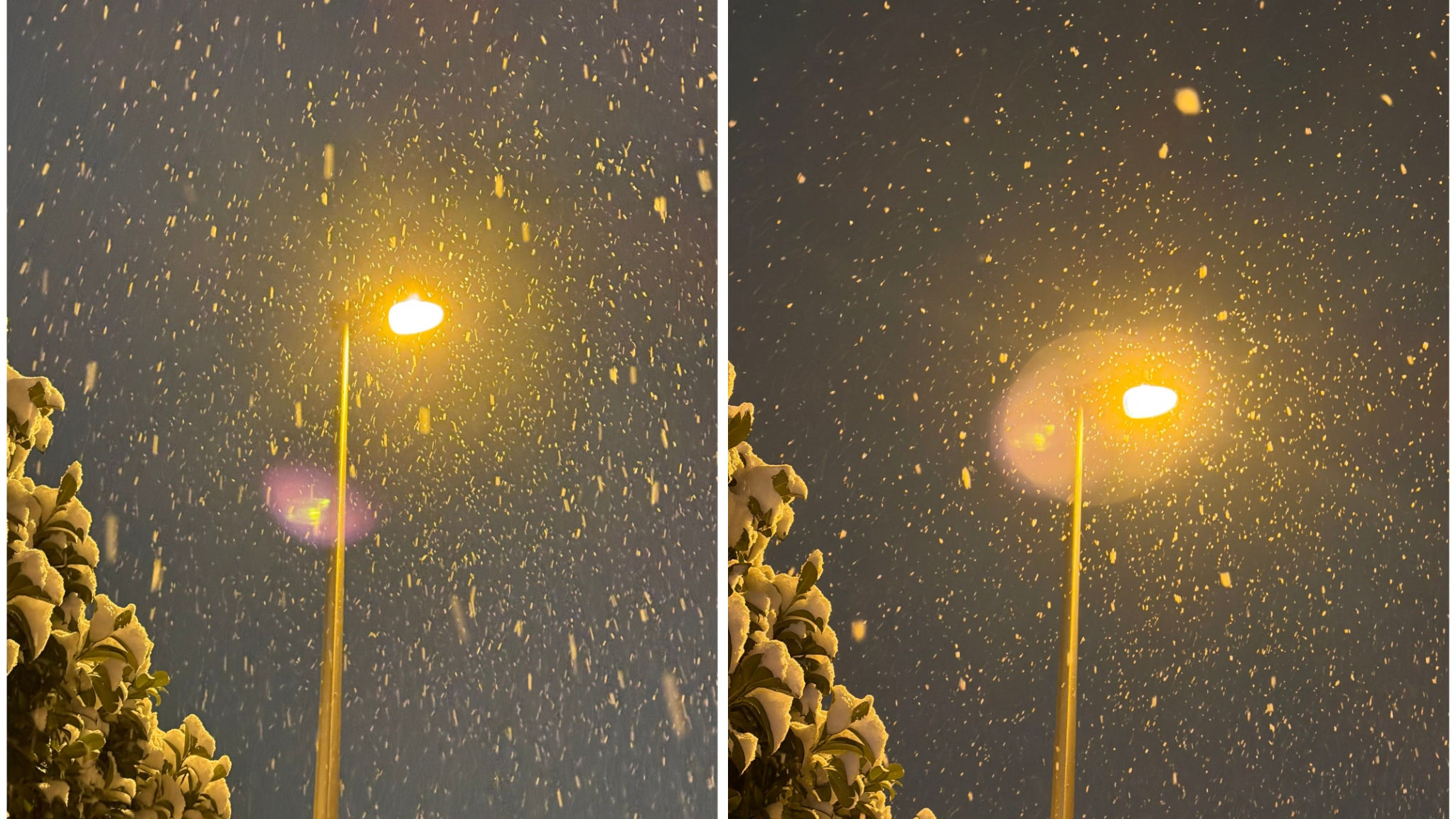 Quoique toujours présent, le lens flare semble toutefois mieux géré sur l’iPhone 17 Pro (à droite), produisant ici un halo autour du lampadaire qui se fond ainsi plus dans le décor.