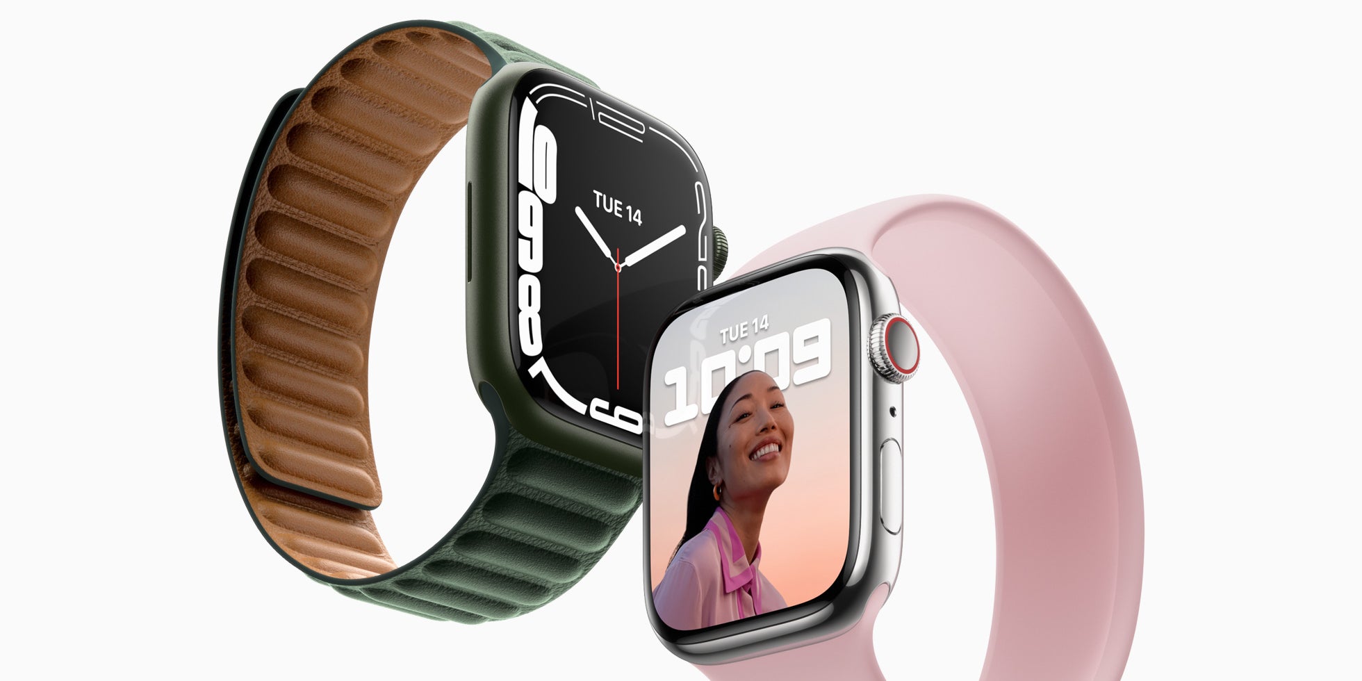 L'Apple Watch Series 7, disponible aux formats 41 et 45 mm, dans des boîtiers en aluminium, acier inoxydable ou titane.