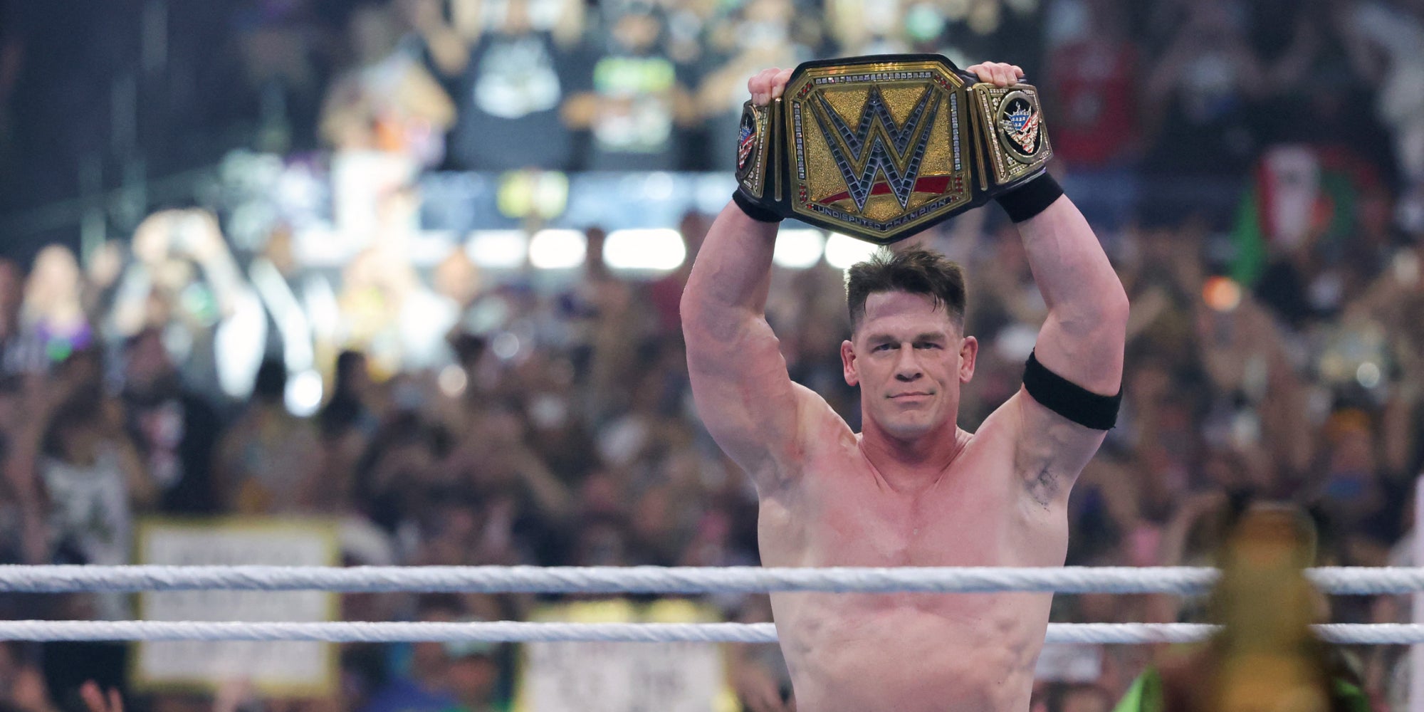 La légende du catch John Cena après sa victoire pour le titre de champion WWE à WrestleMania 41, le 20 avril 2025.