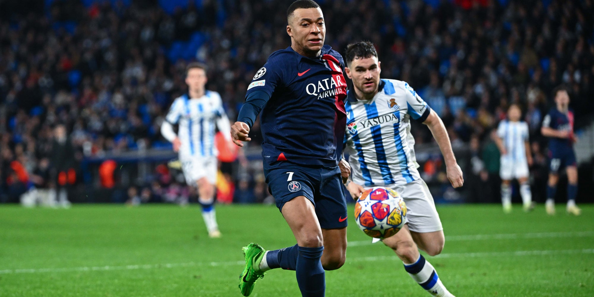 Kylian Mbappé lors du 8 de finale retour de Ligue des Champions face à la Real Sociedad, le 5 mars 2024 à l'Estadio Anoeta (Saint-Sébastien).