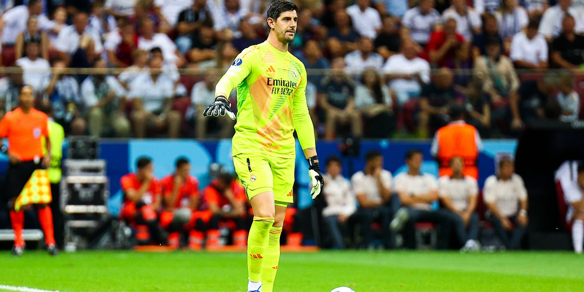 Thibaut Courtois lors de la Supercoupe de l'UEFA, le 14 août 2024 au Stade National de Varsovie.