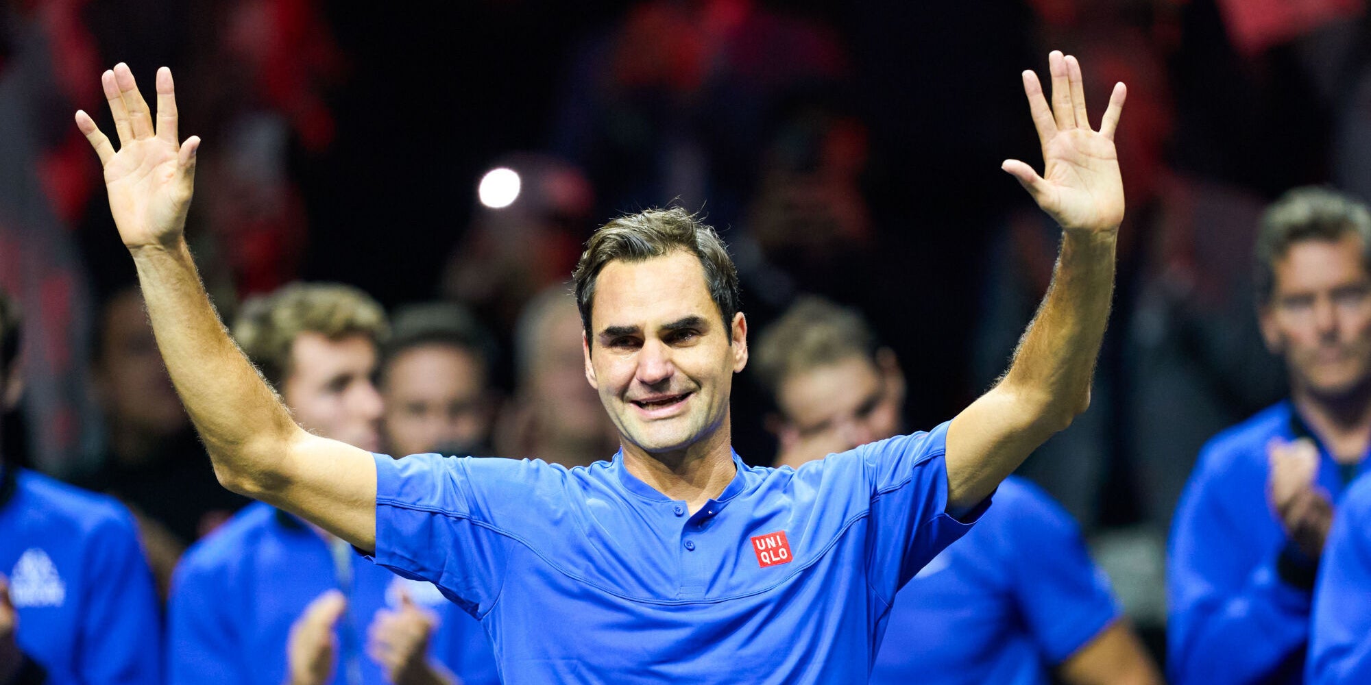 Un Roger Federer émotif faisant ses adieux au tennis, le 23 septembre 2022 lors de la Laver Cup à l'O2 Arena de Londres. 