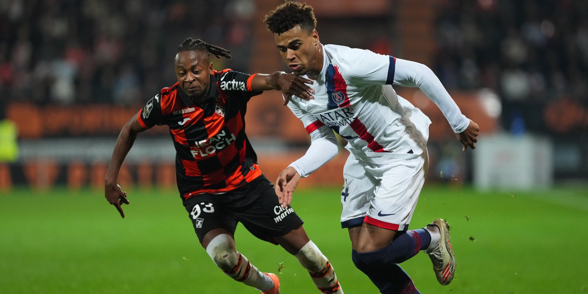 Désiré Doué lors de la dernière rencontre entre Lorient et Paris, le 29 octobre 2025 au Stade du Moustoir (Lorient)