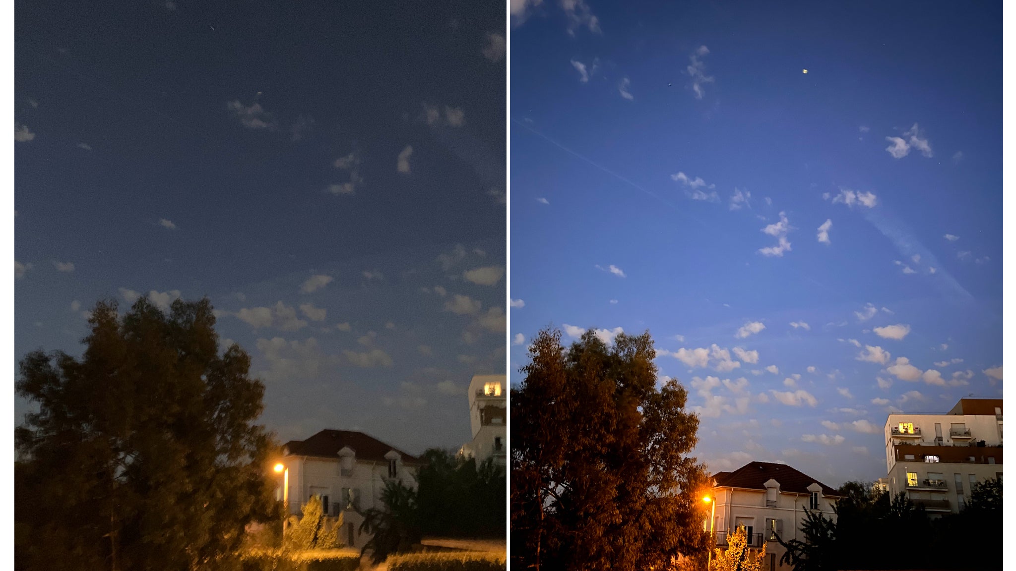 C’est dans des conditions de faible luminosité que ça se corse pour le modèle abordable d’Apple (à gauche), où le rendu devient nettement moins net, et même nettement moins lumineux que lorsqu'on utilise la pause longue du Mode Nuit de l'iPhone 13 (à droite). C’est dans des conditions de faible luminosité que ça se corse pour le modèle abordable d’Apple (à gauche), où le rendu devient nettement moins net, et même nettement moins lumineux que lorsqu'on utilise la pause longue du Mode Nuit de l'iPhone 13 (à droite).