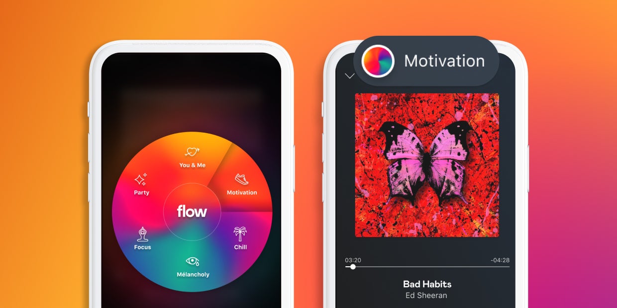 La roue colorée de Flow Moods vous invite à choisir une ambiance musicale selon votre humeur ou votre activité...