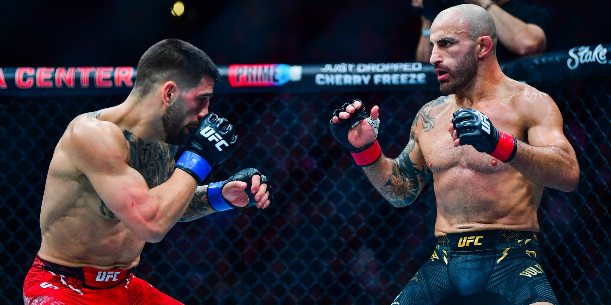 Ilia Topuria lors de son combat contre Alexander Volkanovski, le 17 février 2024 (UFC 298) au Honda Center d'Anaheim (Californie).