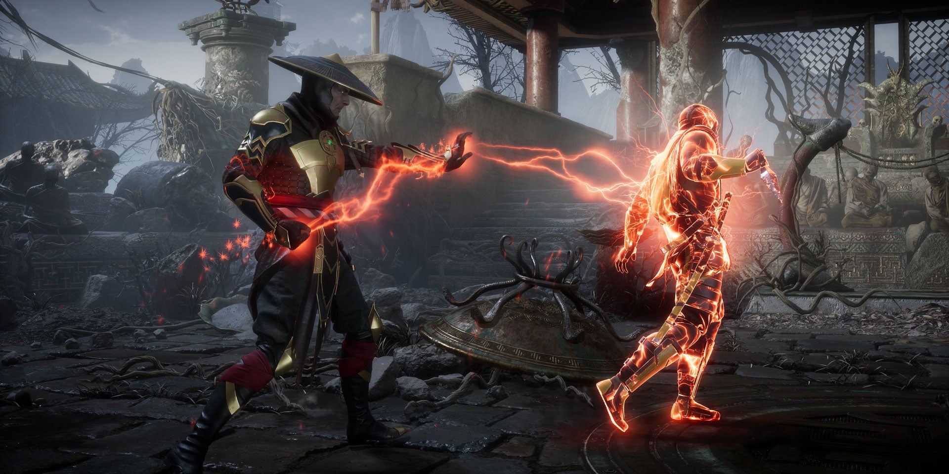 Raiden et Scorpion en plein affrontement dans Mortal Kombat 11.