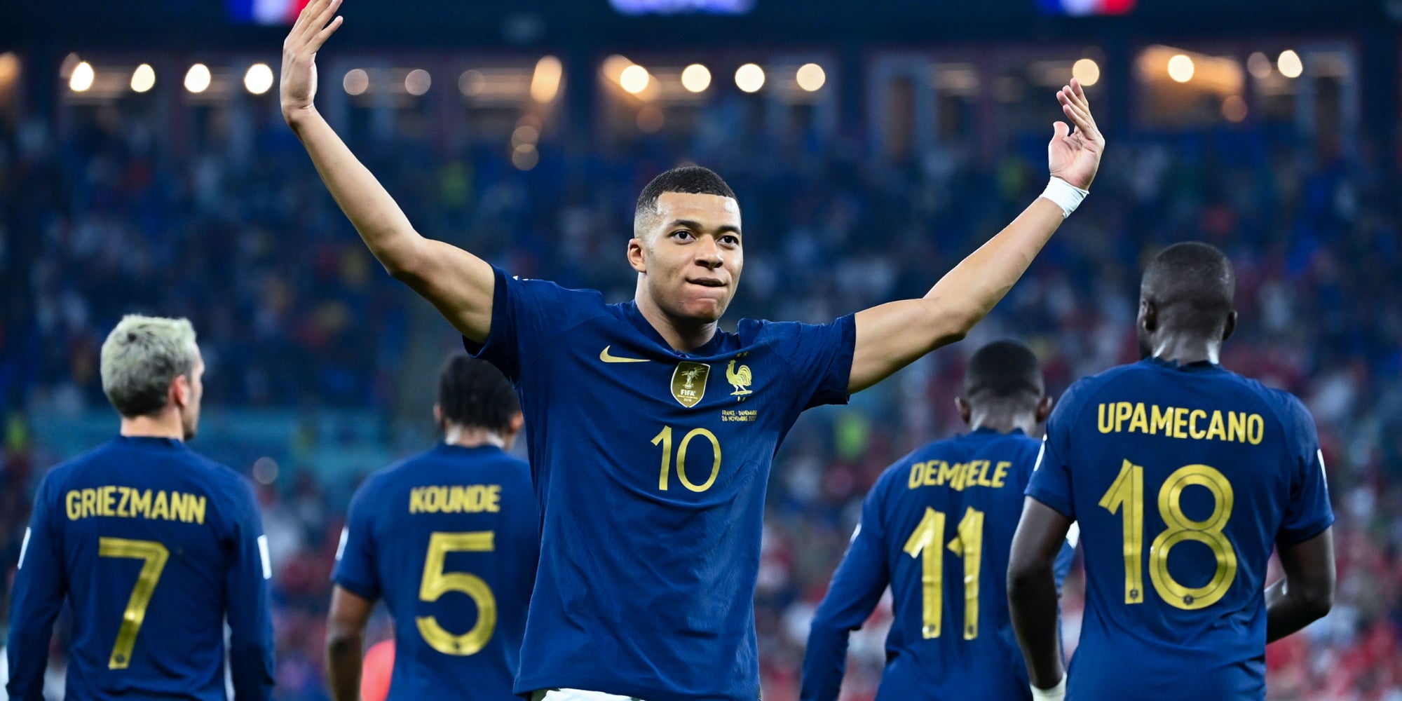 Kylian Mbappé célèbre un but lors du match de Coupe du Monde France - Danemark, au Qatar, le 26 novembre 2022