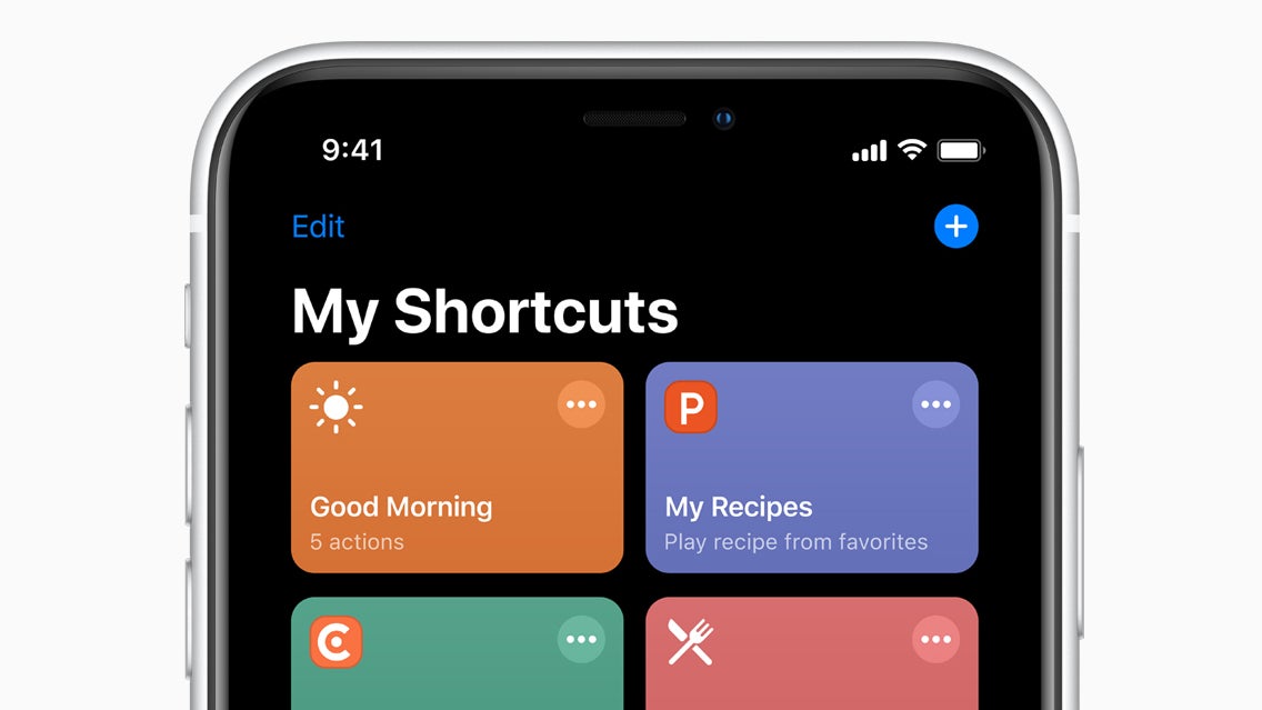 L'interface de l'application Raccourcis ("Shortcuts" en anglais), sous l'onglet "Mes raccourcis". L'interface de l'application Raccourcis ("Shortcuts" en anglais), sous l'onglet "Mes raccourcis".