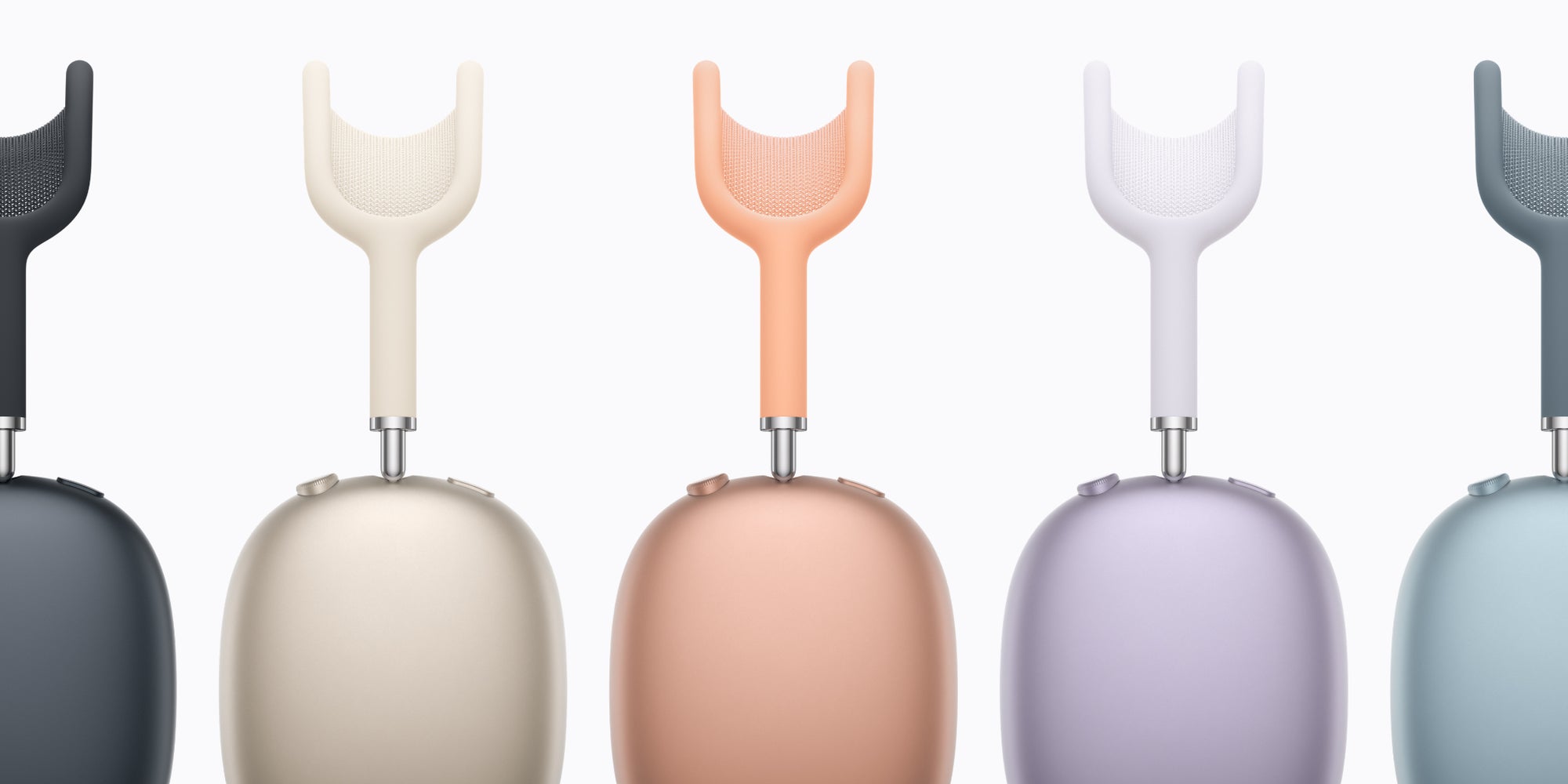Les nouveaux AirPods Max 2 dans leurs coloris Minuit, Lumière stellaire, Orange, Mauve et Bleu.