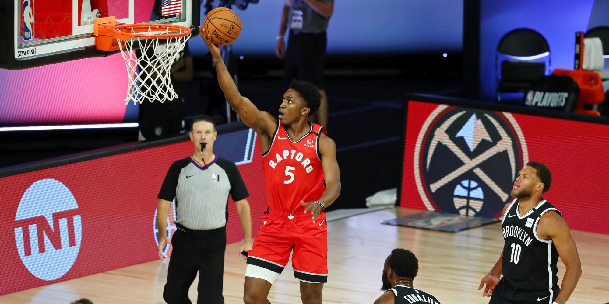 4 matches, 4 victoires : les Toronto Raptors (vainqueurs des Brooklyn Nets, ici le 21 août 2020) qualifiés au deuxième tour des Playoffs 2020.