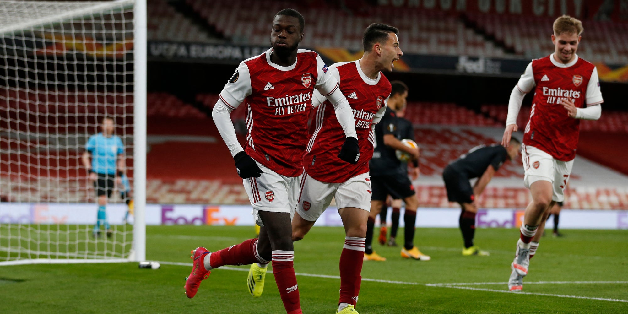 Les joueurs d'Arsenal lors du quart de finale aller de Ligue Europa contre le Slavia Prague, le 8 avril 2021 à l'Emirates Stadium, Londres