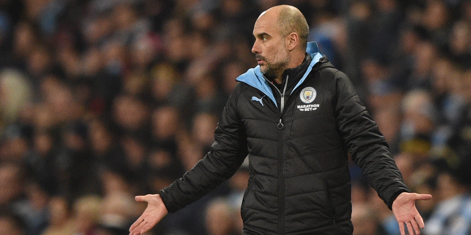 Pep Guardiola lors d'un match Manchester City - Everton à l'Etihad Stadium de Manchester, le 1er janvier  2020.