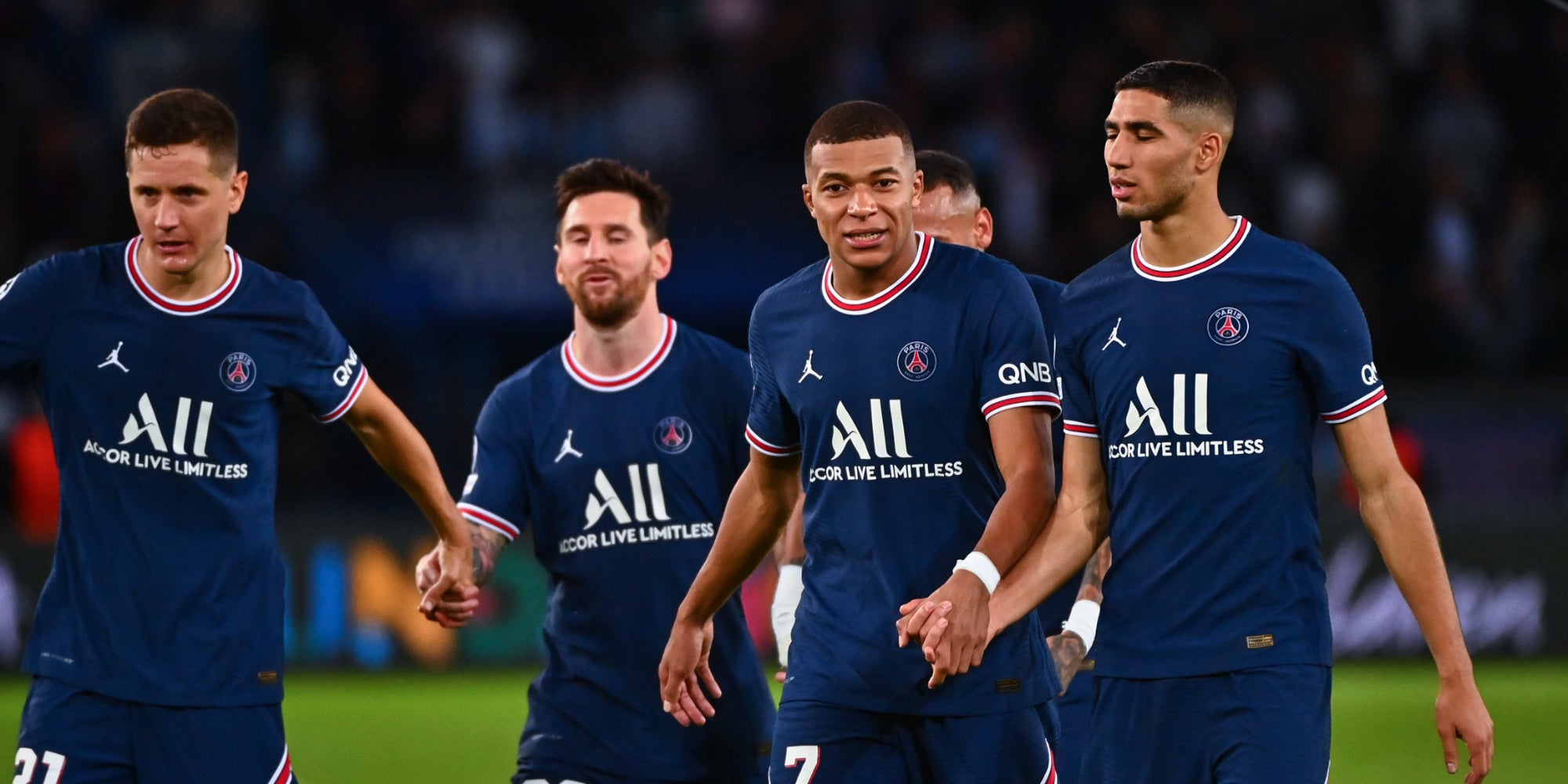 Les joueurs du Paris Saint-Germain lors du match de Ligue des Champions contre Manchester City, le 28 septembre 2021 au Parc des Princes, Paris