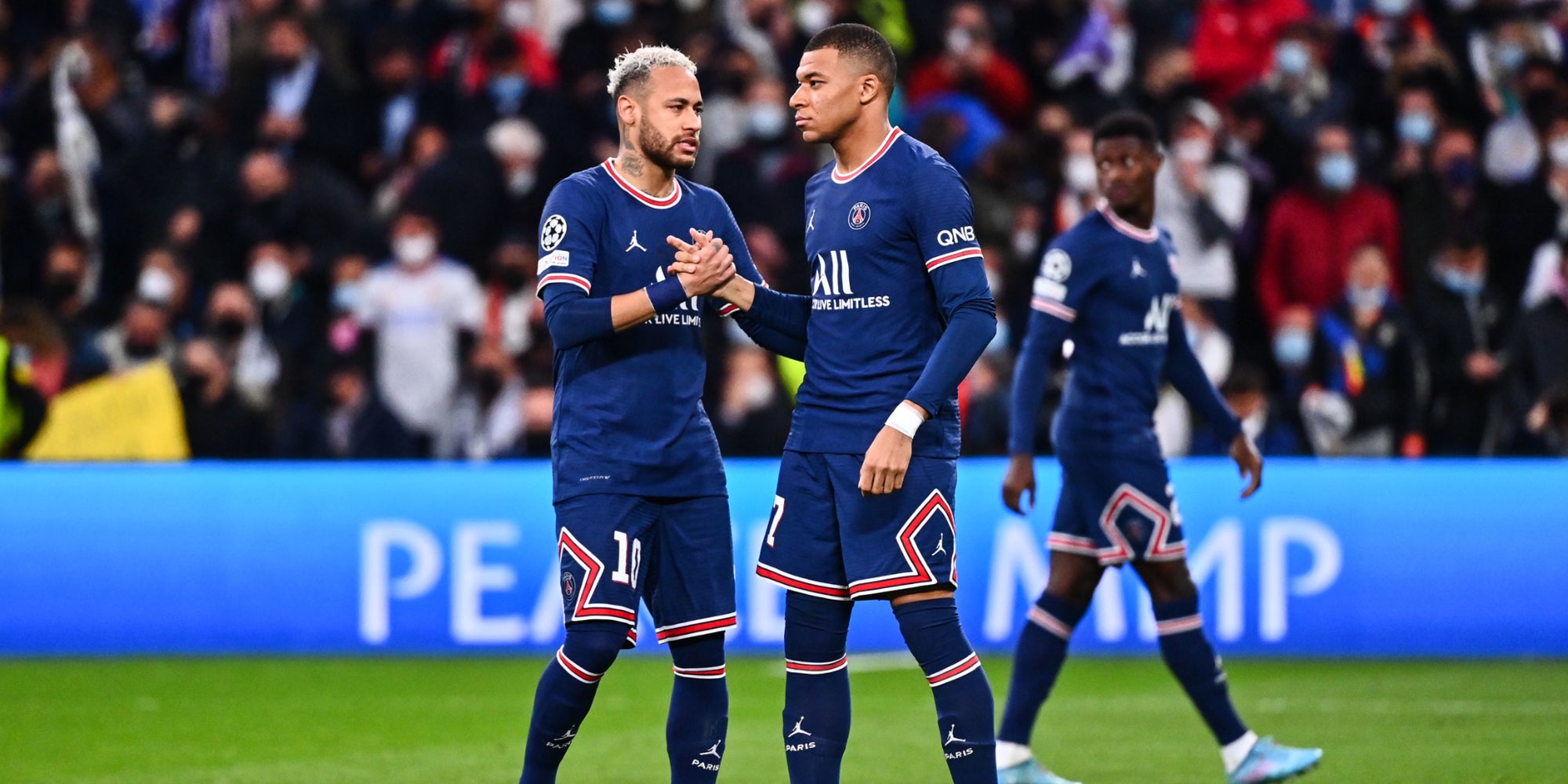 Neymar et Mbappé contre le Real Madrid en Ligue des Champions, le 9 mars 2022 au stade Santiago Bernabeu, Madrid