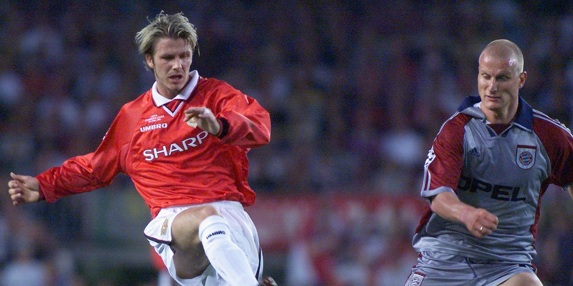 David Beckham et Carsten Jancker lors de Manchester United - Bayern Munich, le 26 mai 1999 à Barcelone
