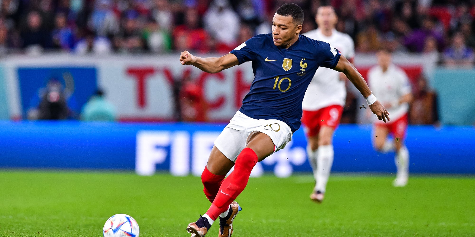 Kylian Mbappé lors du match de Coupe du Monde France - Pologne, à Doha au Qatar , le 4 décembre 2022.