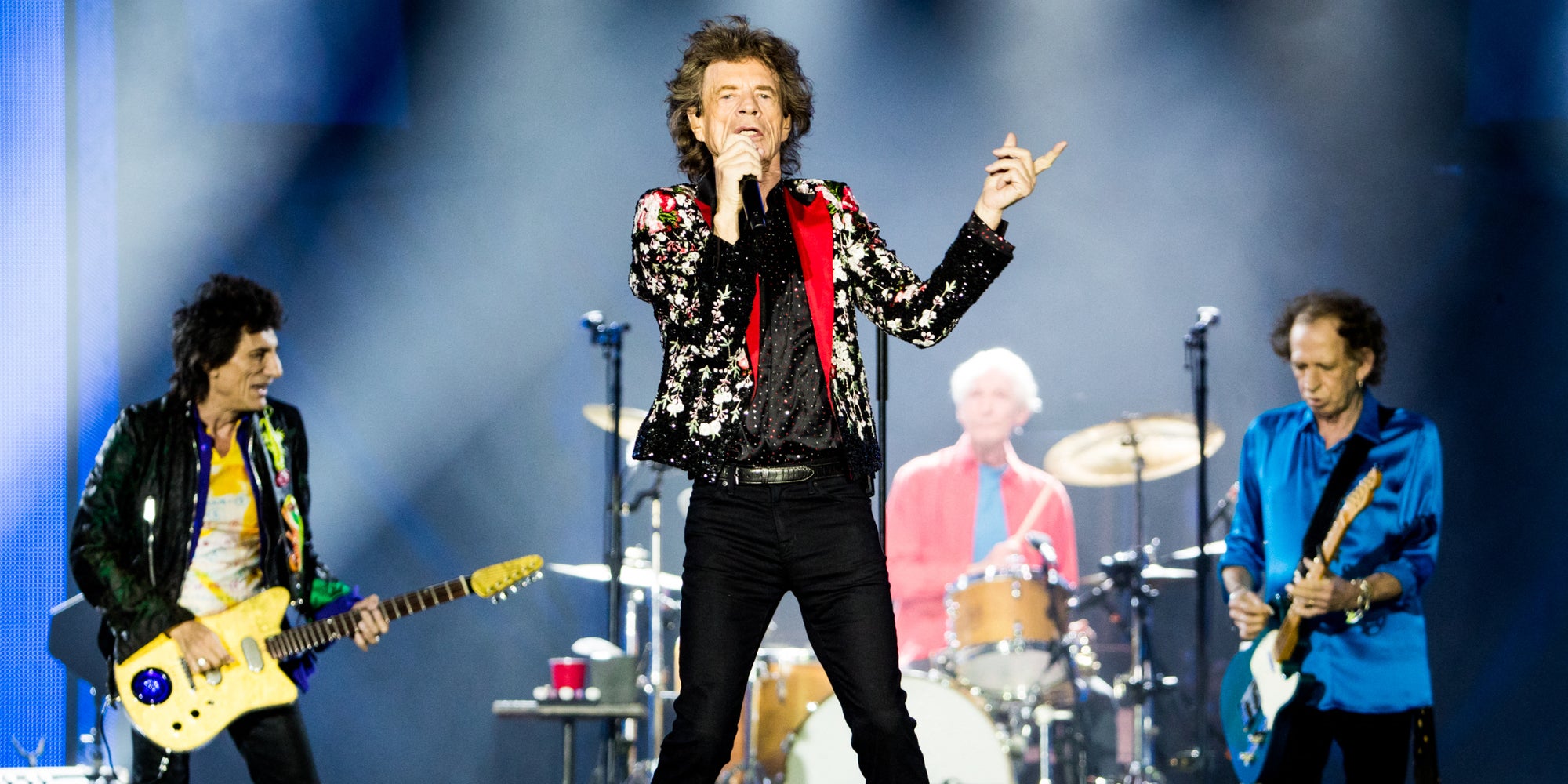 Ronnie Wood, Mick Jagger, Charlie Watts et Keith Richards sur la scène du Hard Rock Stadium, à Miami, lors d'un concert des Rolling Stones le 30 août 2019.